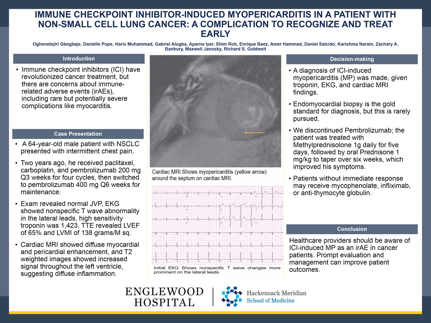 Image of poster - Immune Checkpoint Inhibitor-Induced Myopericarditis In A Patient with Non-Small Cell Lung Cancer: A Complication to Recognize and Treat Early