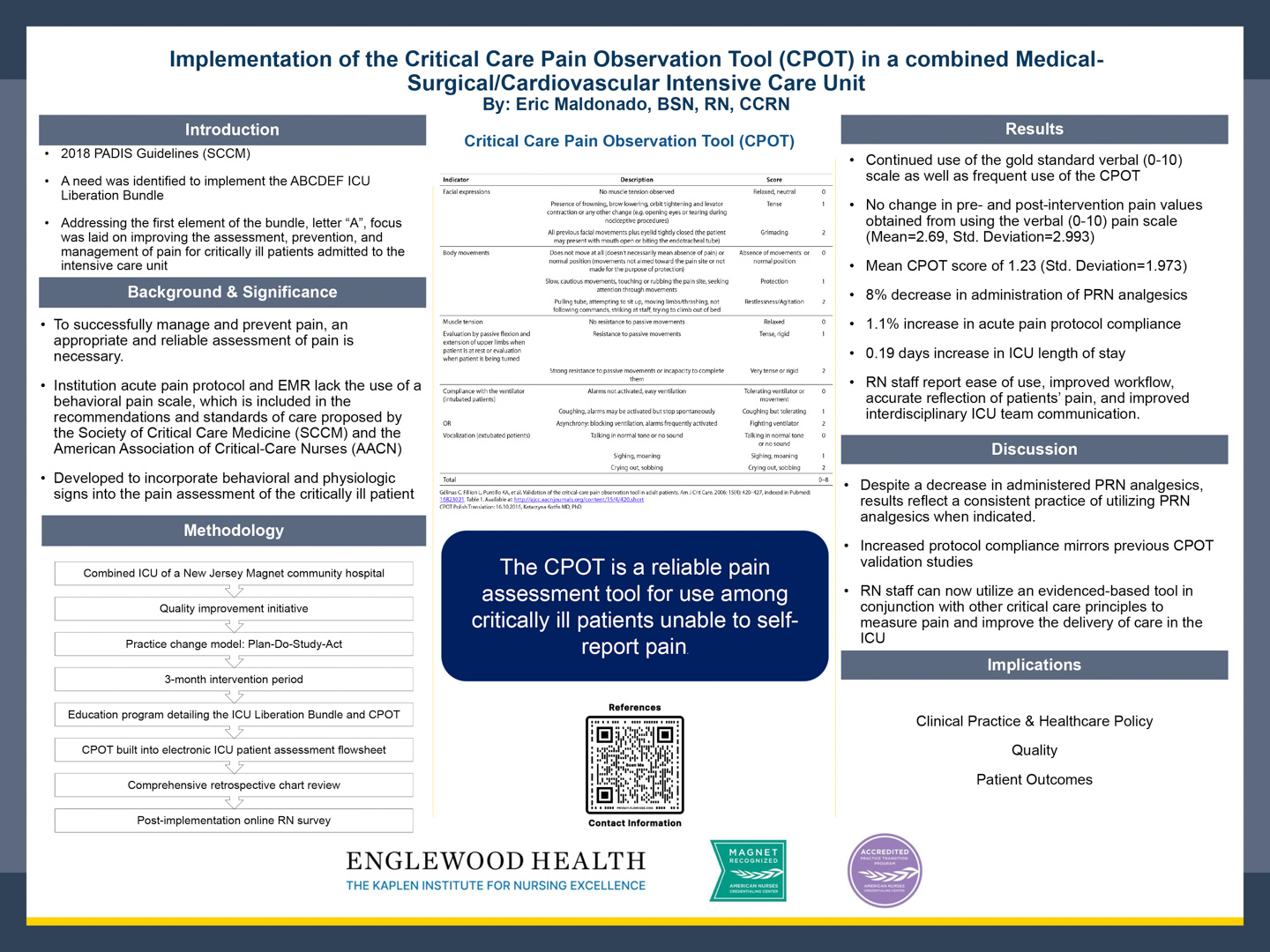 Image of poster - Implementation of the Critical Care Pain Observation Tool (CPOT) in a Combined Medical-Surgical/Cardiovascular Intensive Care Unit